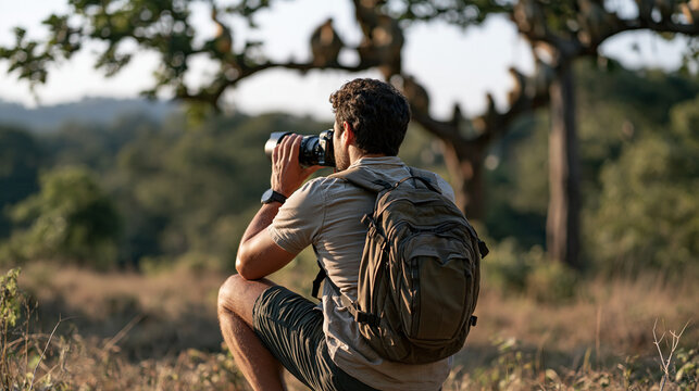 A wildlife photographer crouched in a jungle clearing pointing a zoom lens at a troop of golden snub-nosed monkeys in the treetops on monkey day december 14, wildlife