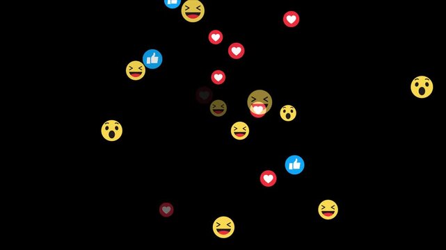 Emoji social media element, Live streaming style animated icon. social media reactions, engagement symbols, floating emoticons on a Alpha channel. hearts ,care, like, haha, floating upwards.