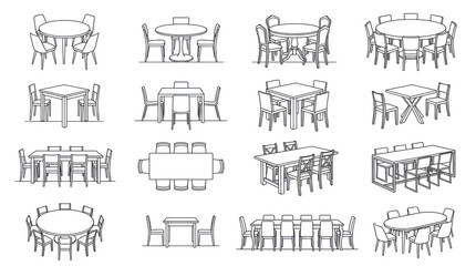 Fototapeta premium Minimalist Line Art Collection of Modern Round Square and Rectangular Dining Tables
