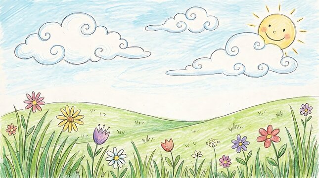 Cute cartoon summer landscape with green rolling hills colorful flowers fluffy clouds and a smiling sun in the sky
