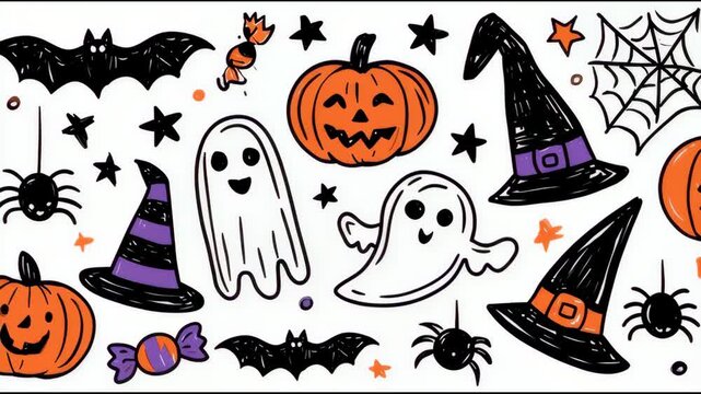 An animated watercolor-style set of Halloween icons including pumpkins, ghosts, witch hats, bats, and spiders moves on a white background, Halloween-themed video content.