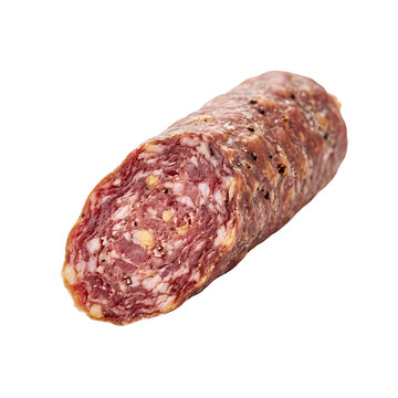 Diagonally sliced artisanal French smoked saucisson dry sausage isolated on transparent background