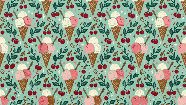  Retro seamless pattern with ice cream cones and cherries on mint background. Great for textile, wallpaper, packaging design.