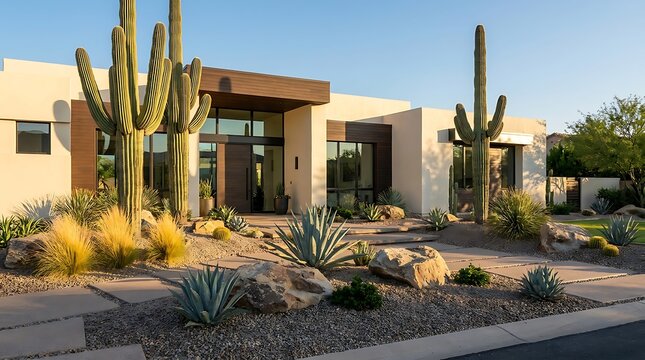 Modern luxury house with saguaro cactus in the desert landscape during a bright sunny day. arizona front yard