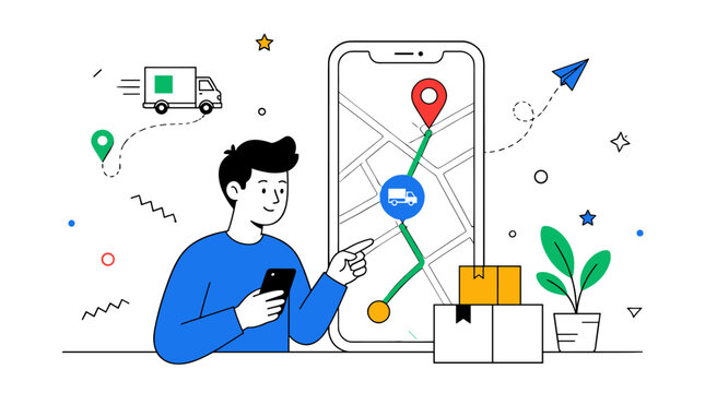 Young man using mobile application for tracking parcel delivery services.
