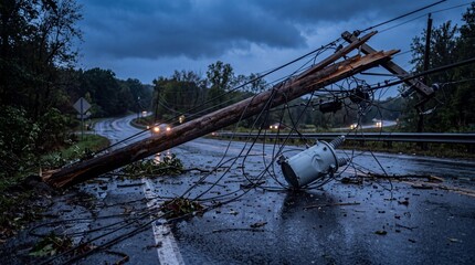 Obraz premium Broken wooden power line pole with tangled cables and transformer on wet asphalt road, representing infrastructure damage, utility grid failure and severe weather disaster.