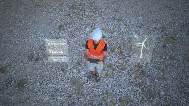 A technician in a hi vis vest studies a tablet on bare limestone ground below a wind turbine, output and availability panels reading beside him as the rotor trails glowing arcs. Aerial top down