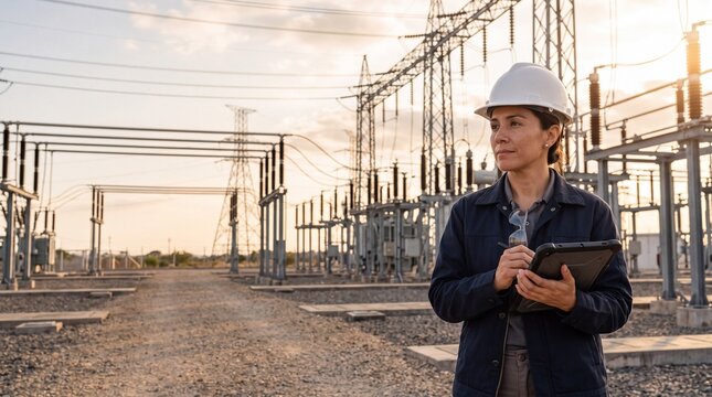 Electrical engineer holding digital tablet near power line distribution system. Adult hispanic female technician inspecting high voltage electric substation during utility maintenance.