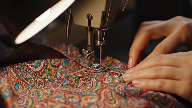 Close-up of a person's hands operating a sewing machine to stitch a colorful paisley fabric, highlighting the craft of sewing and textile arts