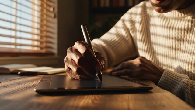 Creative artist using a digital graphics tablet and stylus pen to draw in warm morning sunlight