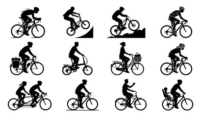 Fototapeta premium Dynamic Cyclists on Bicycles Vector Set, Black Filled Sports Rider Silhouette Collection