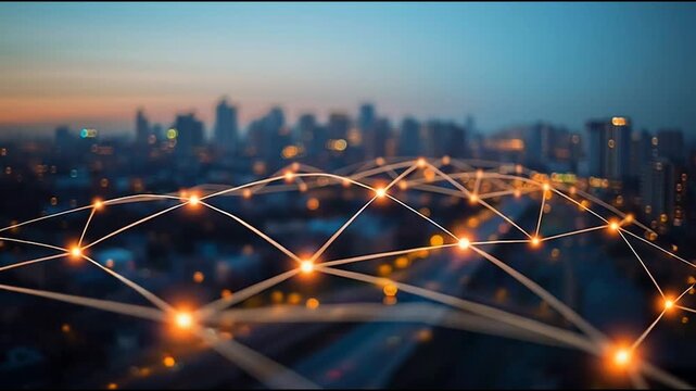 Smart digital city with connection cyber security network reciprocity over the twilight cityscape.future wireless digital city and social media networking systems that connects people within the city	