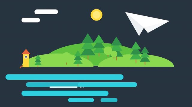 Minimalist Flat Vector Illustration of Green Island with Pine Trees, Lighthouse, and Paper Airplane Flying Under Moonlit Night Sky. Travel,