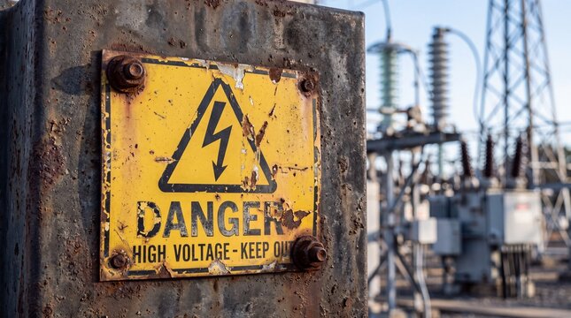 Weathered high voltage danger sign on rusty metal box in electrical substation with power line grid, representing electrical utility infrastructure, workplace safety and hazard caution.