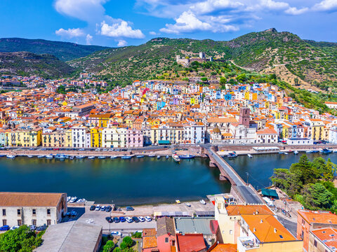 Bosa, Sardinia. Aerial view of the city of Bosa with the river Temo on the Mediterranean, Italy.