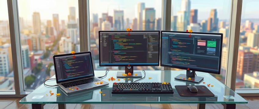 Modern software developer workstation with multiple monitors and laptop decorated for festival celebration in tall urban office overlooking city skyline