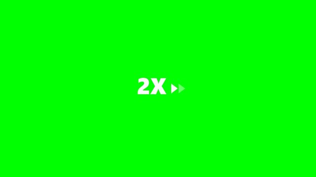 White 2x playback speed symbol with arrows isolated on chroma key green screen background