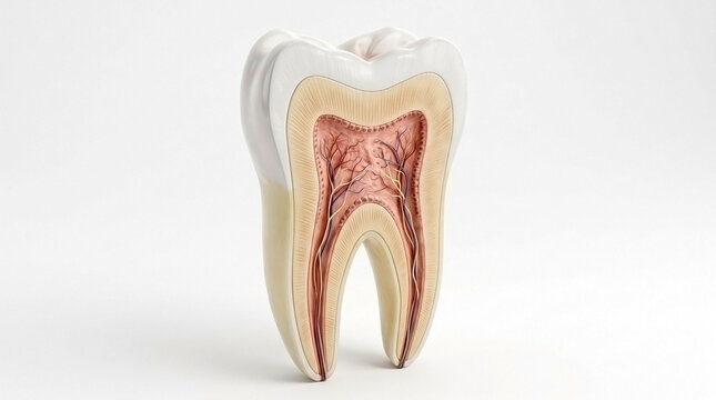 Medical anatomical model of a human molar tooth revealing internal structure of enamel dentin and pulp with dental anatomy