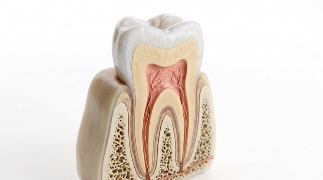 Anatomical model of a human molar tooth embedded in jawbone showing healthy dental structure and periodontal tissue with body part