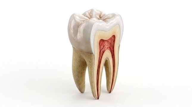 Cross section illustration of a human tooth showing enamel dentin and pulp with tooth anatomy