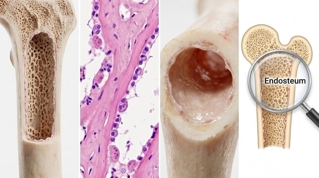Educational panel showing internal structure of human bone histology and endosteum with bone anatomy