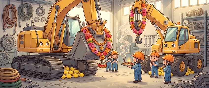 Ayudha Puja celebration with decorated heavy machinery and workers offering prayers in a garage workshop