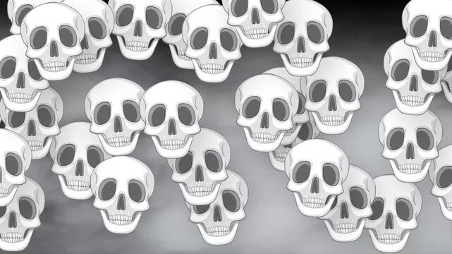 Animation of White Cartoon Skulls Floating Over Dark Fog