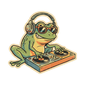 Cool green frog wearing stylish sunglasses and large headphones spinning catchy electronic music tracks on a vintage colorful dj console