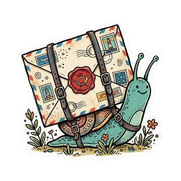 Cute turquoise snail carrying a heavy vintage airmail envelope with colorful postage stamps on its back in this whimsical illustration