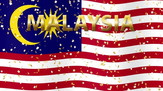 Waving Malaysia Flag Animation with Golden Confetti and Text