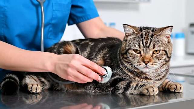 Professional Veterinarian Examining a Domestic Tabby Cat with a Stethoscope in a Clinic for Health Checkup