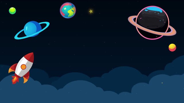 Deep Blue Whimsical Cartoon Outer Space Background Featuring A Playful Rocket Ship Flying Past Colorful Ringed Planets Earth Globe And Twinkling Stars Over Soft Blue Cosmic Clouds In A Playful Vector.