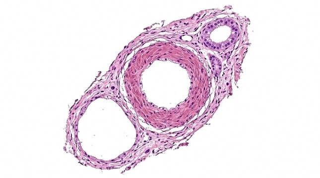 Cross section of blood vessels in histological tissue sample with histology microscope microscopic pathology medicine