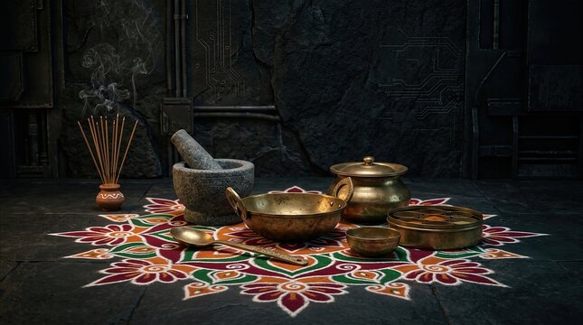 Traditional Ayudha Puja celebration arrangement with brass vessels and rangoli on stone floor