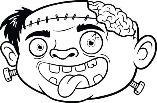 Black and white cartoon of a zombie head with exposed brain, stitches, and bolts on the neck, isolated on a white background