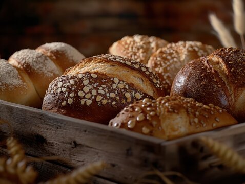 A rustic wooden crate overflows with a variety of freshly baked, dark-crusted artisan bread loaves and rolls, set against a dark, moody background.
