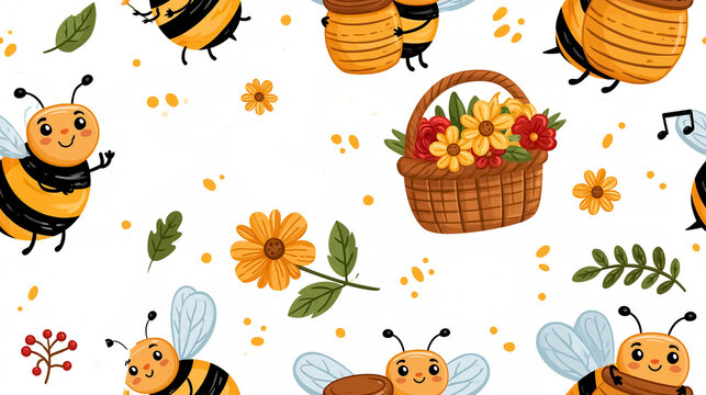 Cute cartoon funny bees with honey and flowers, seamless pattern