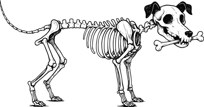 Detailed black and white ink of a dog skeleton standing in profile while holding a bone in its mouth, white background