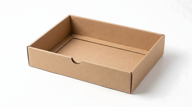 Empty brown cardboard box tray isolated on clean white background.