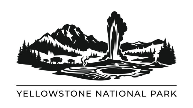 Yellowstone National Park geyser and bison silhouette scene