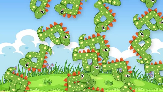 Cartoon Green Dinosaurs Falling Over a Sunny Meadow Background