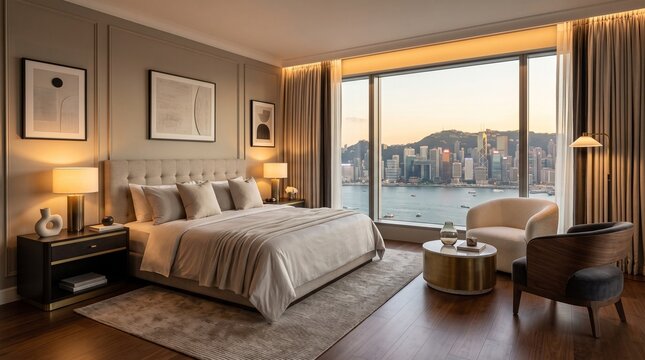 Sophisticated luxury hotel suite with neutral bedding
