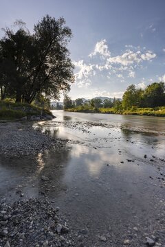 River, riverbed, trees, mountains, morning light, back light, sunny, low tide, drought, climate change, Loisach, Gro&szlig;weil, Alpine foothills, Bavaria, Germany