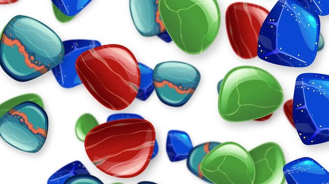 Colorful Polished Gemstones and Smooth Stones Falling Against White Background