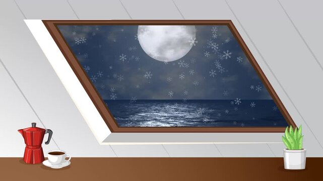 Animated Snowy Night Sky and Full Moon View from Attic Window