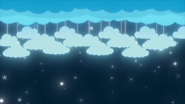 Whimsical Cartoon Night Sky Background With Blue Paper Cutout Style Clouds Hanging On Strings And Twinkling Glowing Stars Falling Down In A Peaceful Magical Lullaby Dreamy Animation Loop For Nursery.