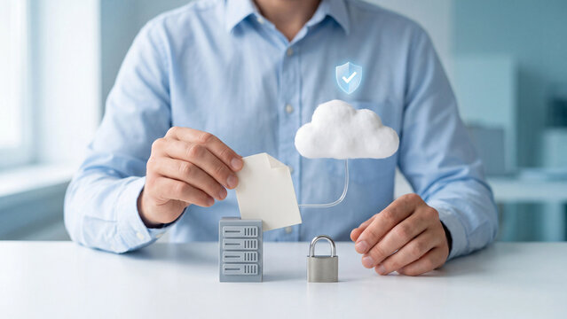 Cloud data storage and security concept, man placing document into small server model linked to cloud with shield check and padlock on table for safe backup, file upload and privacy