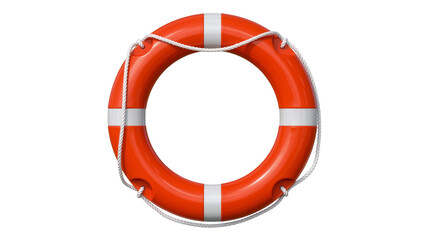 Orange life preserver ring with white stripes and rope, isolated on transparent background © Christopher
