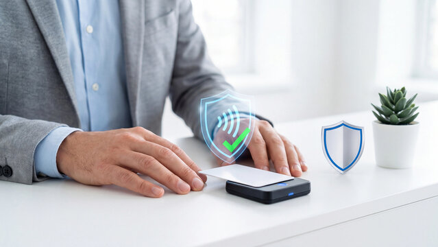 Contactless card payment security concept, businessman tapping white card on small reader terminal with shield checkmark hologram on table for safe cashless transaction and banking
