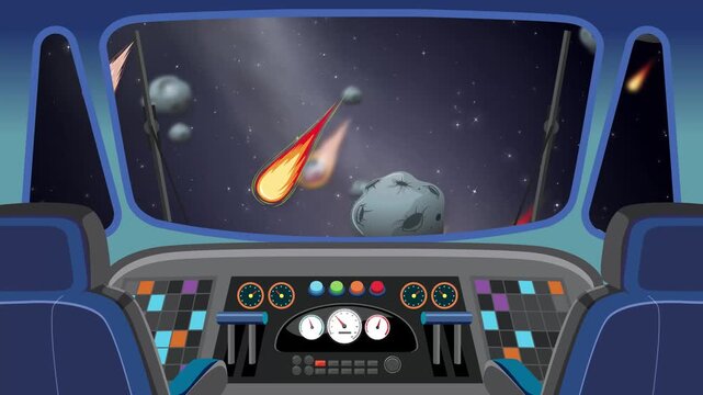 Animated Spaceship Cockpit View Traveling Through Asteroid Field and Comets